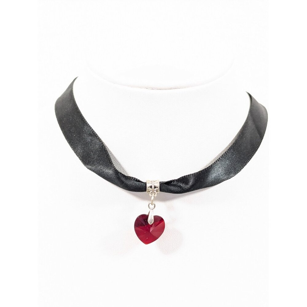 Gothic Black Ribbon Red Glass Heart Charm Choker Necklace 15" Victorian Style